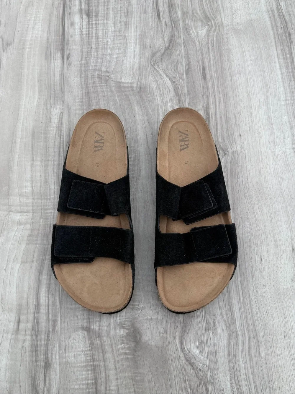 Zara Black Double-Strap Slide Sandals with Tan Footbed